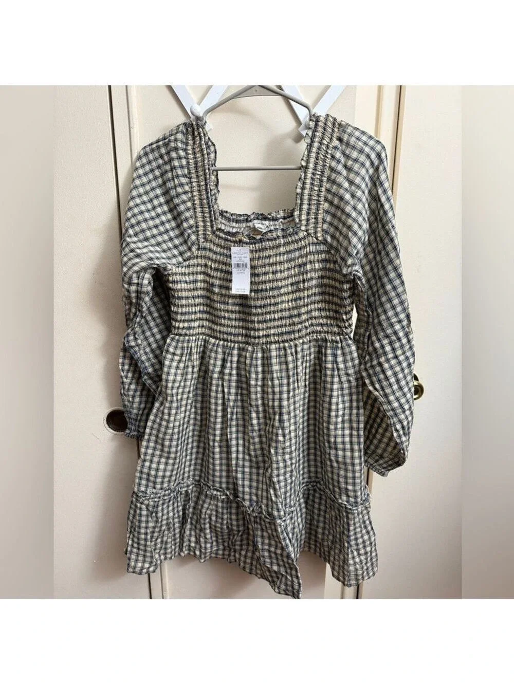 AE Plaid Ruched Long-Sleeve Checked Ruffle Smocked Mini Dress Size M Tall NWT
